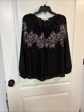LOFT Black Blouse with Pale Floral Yoke